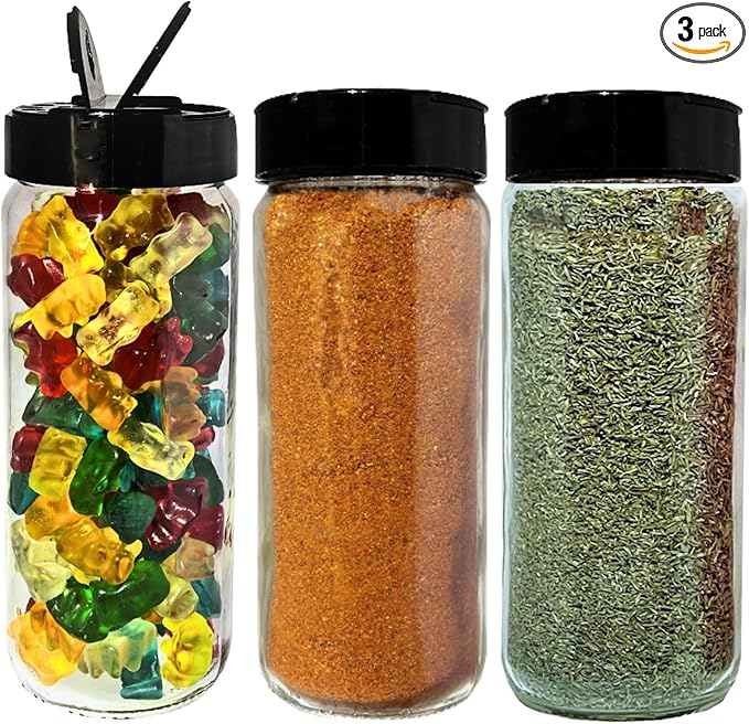 Premium Glass Spice Shakers - 16 oz Versatile Seasoning and Spice Dispenser with Sifting Lids for Popcorn, Cheese, Cinnamon, and Salt, Made in USA by JARMING COLLECTIONS (3 pack)