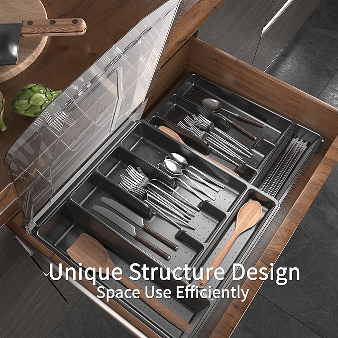 Double Layer Silverware Tray with Lid, Drawer Organizer for Utensil Tray, Cutlery Storage Holder with Cover, Black