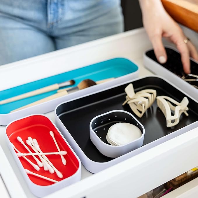 Three by Three Seattle 10 Piece Metal Organizer Tray Set for Storing Makeup, Stationery, Utensils, and More in Office Desk, Kitchen and Bathroom Drawers (1 Inch, Blue Black Red and Dots)