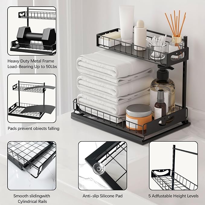2 Pack Under Sink Organizer with Pull-Out Drawers,Kitchen Storage Organization,Bathroom Organizers and Storage,Bathroom Shelves,Home Storage,Black