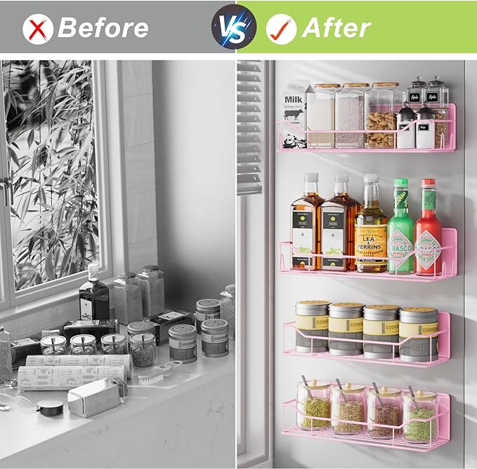 Magnetic Spice Rack for Refrigerator, 4 Pack Metal Strong Magnet Spice Organizer Shelves, Magnetic Fridge Shelf for Kitchen Seasoning Organizer Gadgets, Home Organization and Storage (Pink)