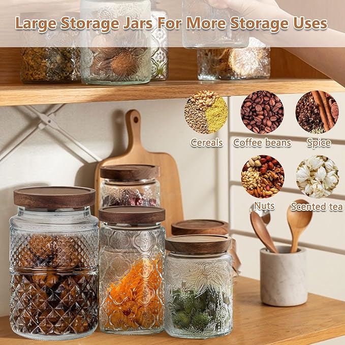 Vintage Glass Jar With Airtight Lid, 34 OZ Kitchen Glass Food Storage Containers Mason Jars for Cookie, Candy, Sugar, Coffee, Beans, Tea, Oats, Flour, Grains, Delicate Food Storage Jar