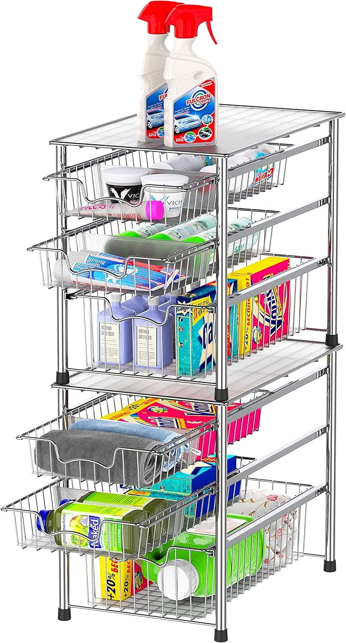 Simple Houseware Stackable 3 Tier Sliding Basket Organizer Drawer, Chrome