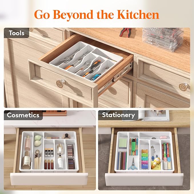 Lifewit Silverware Drawer Organizer Tray, Plastic Cutlery Storage for Kitchen Drawer, Flatware and Utensil Holder Divider for Spoons Forks Knives Tableware, 6 Compartment, White