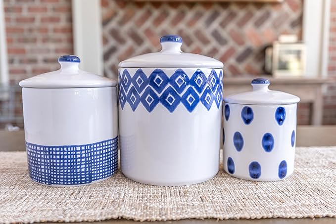 Vietri Viva Santorini White and Blue Dot Small Canister, 5" D Ceramic Earthenware White Canister, Kitchen Canister
