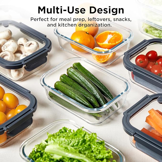Glass Food Storage Containers with Glass Lids, 5 Pack of 36oz, Glass Meal Prep Container with Airtight Lids, Microwave Safe Food Container Set, BPA Free, LeakProof, Ideal for Lunch