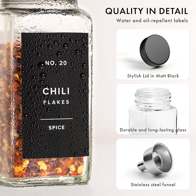 Glass Spice Jars with Label and Black Lids (24 x 4oz) Spice Containers with 240 Labels, Shaker Inserts, Steel Funnel, Empty Square Empty Square Seasoning Organizer