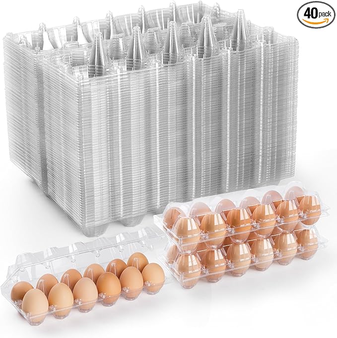40 Pack Clear Plastic Egg Cartons, 2x6 Grids, 12 Count, 10.2 x 4 Inches, Reusable, Transparent, Shock-Absorbing, Perfect for Family, Farm, Market, Display
