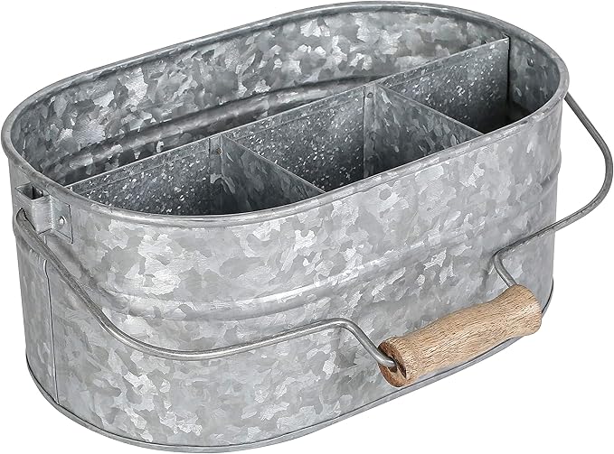 Alpha Living Home - Galvanized Metal Utensil Caddy – Rustic Farmhouse Organizer for Kitchen, Buffet & Outdoor Events, 13.5"x10"x5.5" with Removable Handle & Multi-Compartment Storage