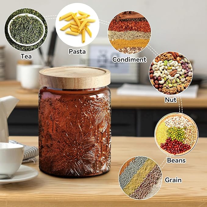 Vintage Glass Jar with Lid,Cookie Candy Jar Coffee Canister Food Storage Containers Storage Jar Set for Kitchen Office (Brown garden - acacia)