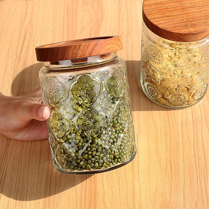 Vintage Glass Jar With Airtight Lid, Spice Jars Overnight Oats Containers Glass Storage Containers Kitchen Storage Containers for Sugar, Coffee, Tea,Candy Cookie,Pasta,Cereal
