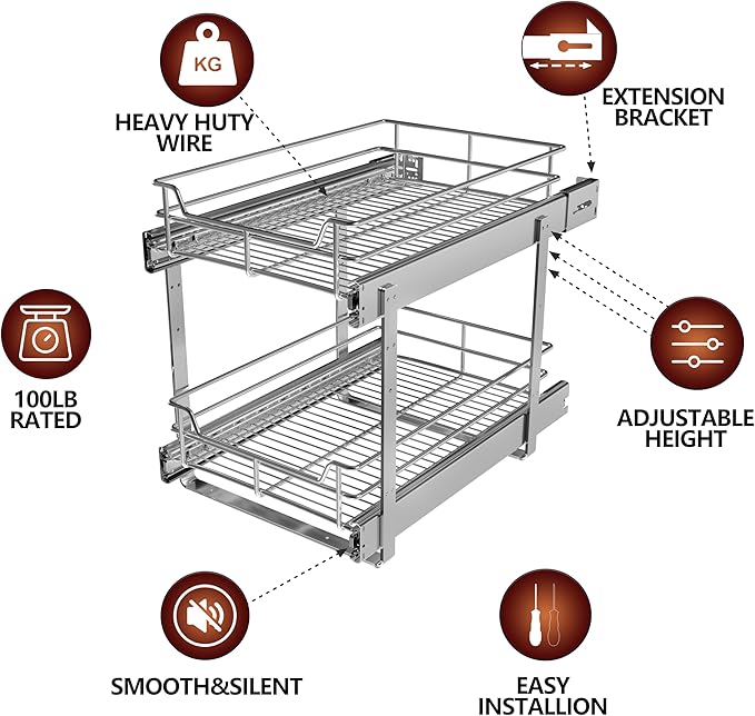 2-Tier Cabinet Pull Out Shelves (14"W x 22"D), Slide Out Shelves for Kitchen Cabinets, Metal Under Cabinet Roll Out Shelf