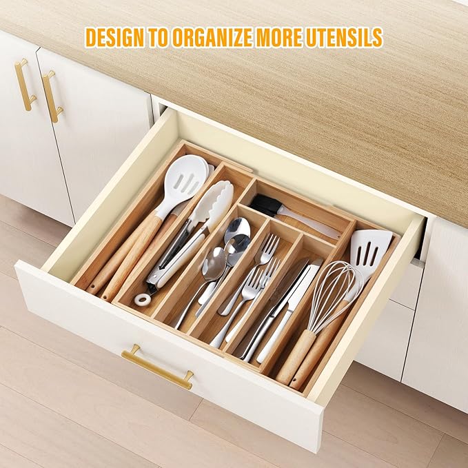 Expandable Silverware Organizer Utensil Drawer Organizer,14 Inch Silverware Tray for Kitchen Drawer,Bamboo Flatware Tableware Cultery Caddy Tray Home Essentials Utensils Holder,15"D x 14"W x 2"H
