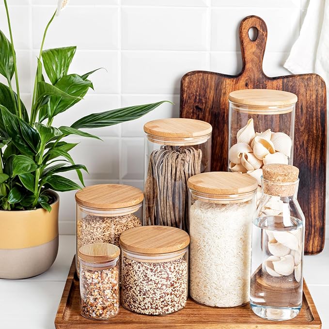 34oz Glass Food Storage Jars, Glass Jars with Bamboo Lids, Kitchen Storage Jars, Set of 8, Canisters with Airtight Lids for Spice, Coffee, Cookie, Pantry Organizers