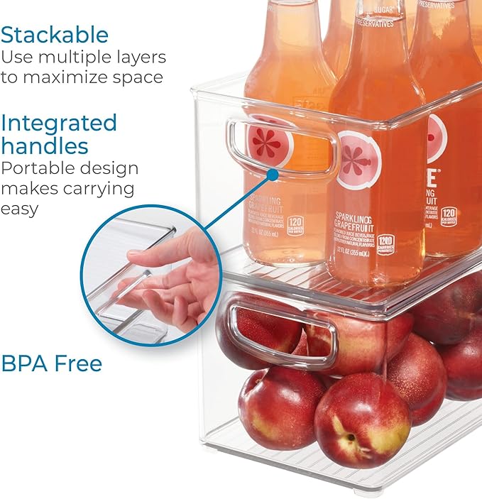 iDesign Stackable Pantry Bins with Handles for Cabinets or Fridge, Set of 6, Clear, Made in USA