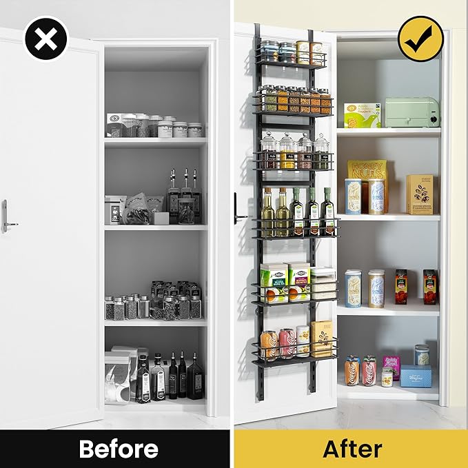 Pantry Door Organizer 12 Inch Wide, 6 Tier Hanging Adjustable Over the Door Spice Rack For Narrow Space