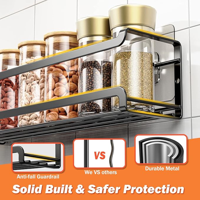 Spice Rack wall mounted, Space-Saving Spice Organizer for Spice Jars and Seasonings,Screw or Adhesive Hanging Spice Rack Organizer for Your Kitchen Cabinet,or Pantry Door