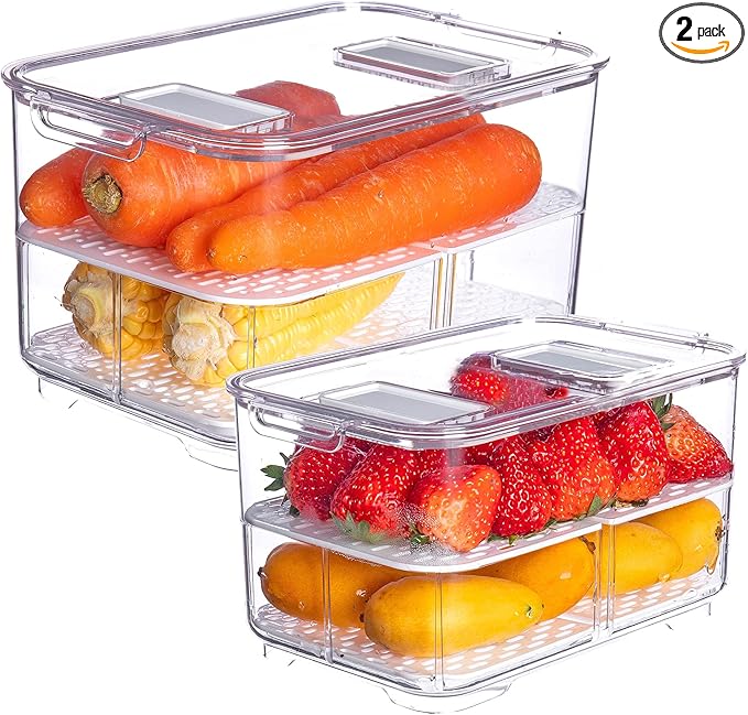 vacane Produce Saver with Lids, 2 Piece Fruit Vegetable Storage Container with Vents Stackable Fridge Drawers Organizer Salad Lettuce Keeper For Refrigerator,Bpa-free Fresh Keeper,5.7L&2.8L