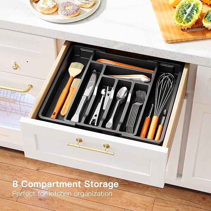 Pipishell Silverware Drawer Organizer, Expandable BPA-Free Kitchen Utensil Storage Tray for Forks, Spoons and Knives, Black Plastic Cutlery Holder