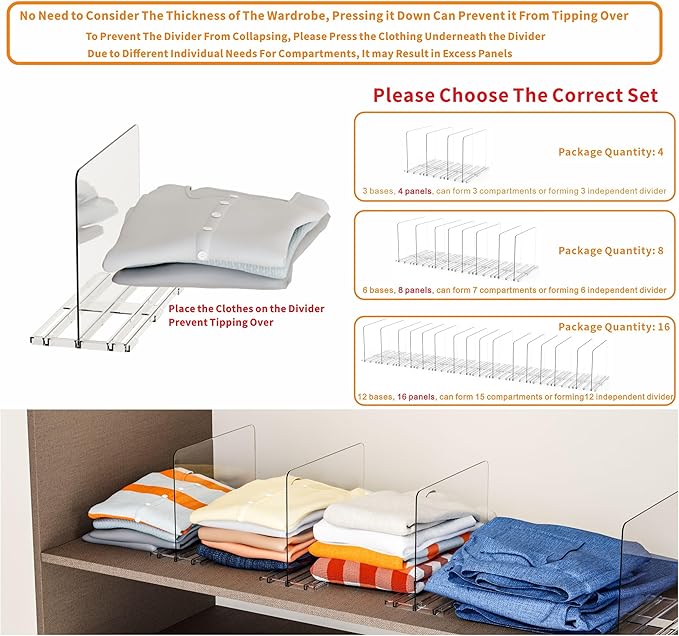 Yieach 16Pack Acrylic Clear Shelf Dividers for Closet Organization -Suitable for Wire Shelves,Cupboard- Bag,Purse Dividers and Handbag Organizer,Vertical Shelf Separators in Closet for Sweater,T Shirt