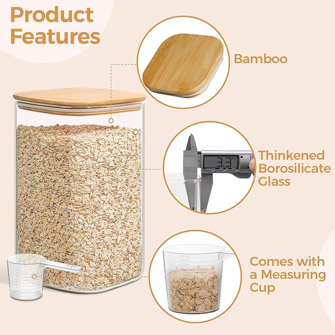 ComSaf 148 oz Glass Food Storage Containers, 1.2 Gallon Glass Flour and Sugar Containers with Lids, Large Square Glass Jars with Bamboo Lids for Rice, Pasta, Oats, Grains, Cookies, Coffee Beans