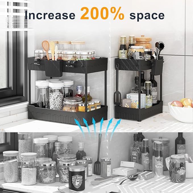 4 Pack Under Sink Organizers and Storage,Under Bathroom Cabinet Organizer with Hooks Hanging Cup,Multi-Purpose Storage Shelf for Kitchen Bathroom,Black (4 Pack Black)