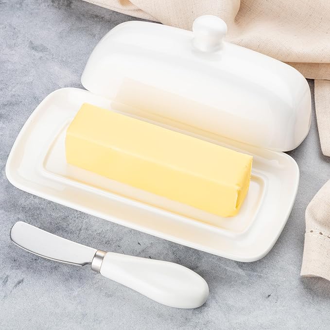Zulay Butter Dish With Lid For Countertop - Porcelain White, Ceramic Butter Dish with Knob Handle Great for Cooking - Elegant Design Butter Holder - Durable & Sturdy Butter Keeper - White