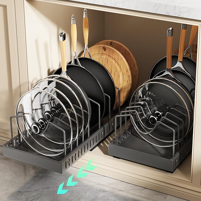 Pull Out Pots and Pans Organizer Under Cabinet, Expandable Sliding Lid Holder and Pan Rack for Kitchen, Slide Out inside Cabinet for Pot Lid, Bakeware, Dishes, 10 Adjustable Dividers, 2 Pack Black