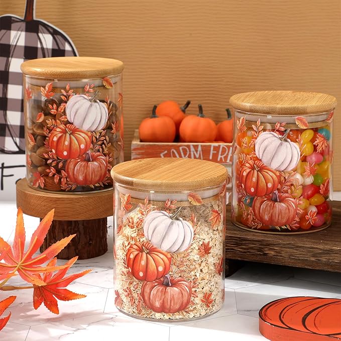 3Pcs Fall Thanksgiving Glass Storage Jars with Airtight Bamboo Lids 17oz Autumn Leaves Pumpkins Clear Food Storage Canisters for Home Kitchen Countertop Decoration