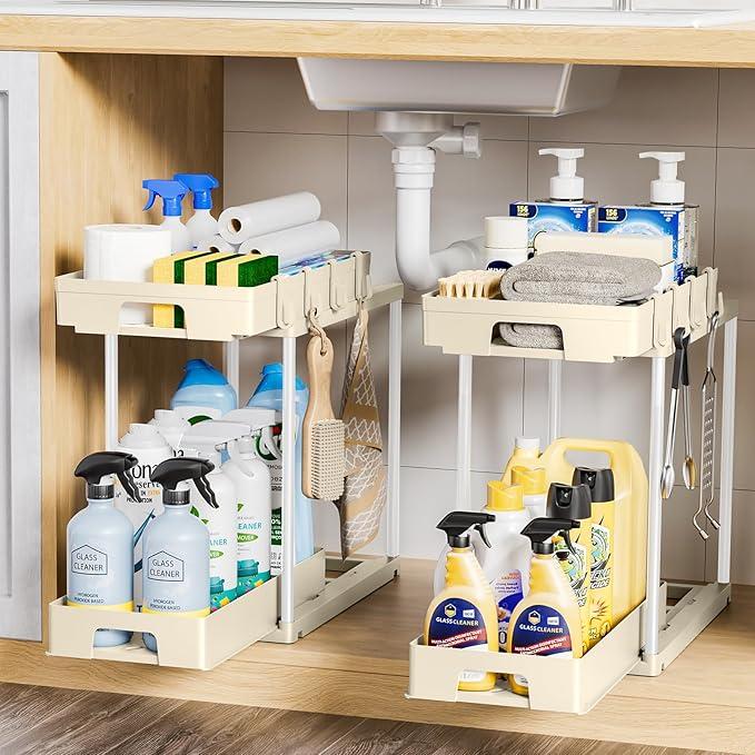 Delamu Under Sink Organizers and Storage, 2 Pack Pull Out Kitchen Bathroom Cabinet Organizer, 2 Tier Beige Under Sink Storage for Bathroom Kitchen