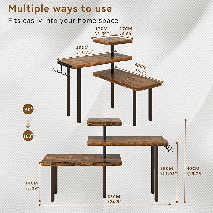 IBUYKE Countertop Organizer,3-Tier Spice Racks,Kitchen Counter Corner Shelf,4 Side Hooks,Adjustable Countertop Shelf for Kitchen, Bathroom, Coffee Bar, Cabinet, Desk,Rustic Brown,TLJ023H