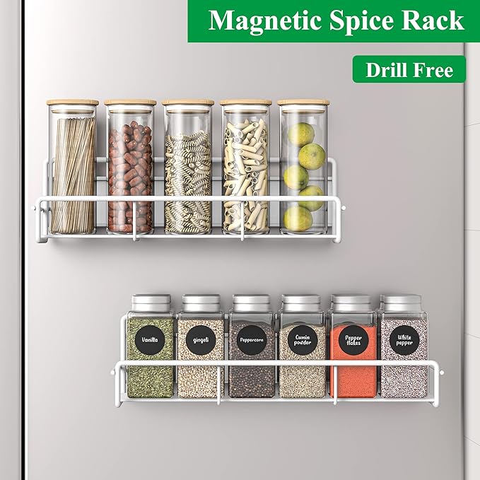2 Pack Magnetic Spice Rack Organizer for Refrigerator and Microwave Oven, Metal Fridge Shelf for Kitchen, White