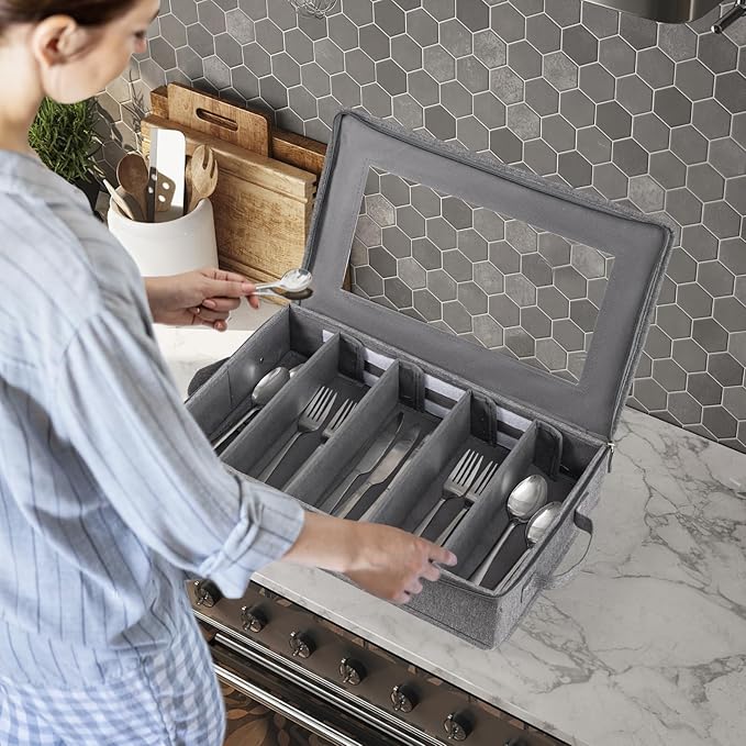 Flatware Storage Box 2 Pack, Silverware Storage Box Case Chest with Adjustable Dividers, Silverware Holder with Zipper Lid for Organizing Cutlery, Utensil, Flatware, Knives, Large Capacity Gray