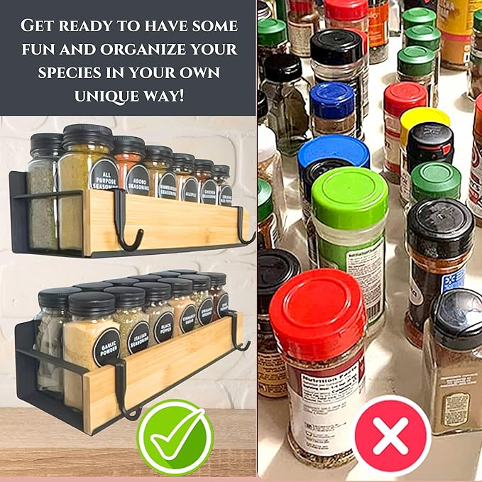 4 | 3 Pack Magnetic Spice Storage Rack Organizer for Refrigerator and Oven, Black Fridge Storage, Magnetic Shelf, Spice Rack Organizer, Metal-Bamboo