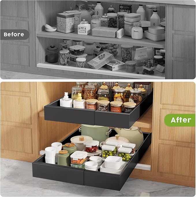 4 Pack Pull Out Cabinet Organizers 21" Deep with Raising Pad for Framed Cabinets,Expandable Slide Out Drawers Upgrade 3 Slide Rails,Roll Out Shelves Adhesive,Adjustable Width 9"-14" Black