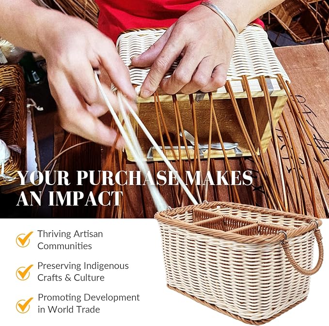 Utensil Holder Silverware, Rattan Hand Woven Cutlery Storage Organizer, Multifunctional Divided Storage Basket, for Hold Forks, Knives, Napkins, Foods and Sundries οΌ Flexible Handle οΌ