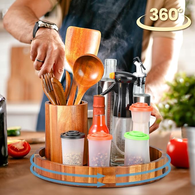 12" Lazy Susan Wooden Revolving Spice Rack with Utensil Holder, Turntable Kitchen Organizers and Storage for Counter Refrigerator Pantry Cabinet Cupboard, Farmhouse Kitchen Decoration, Brown