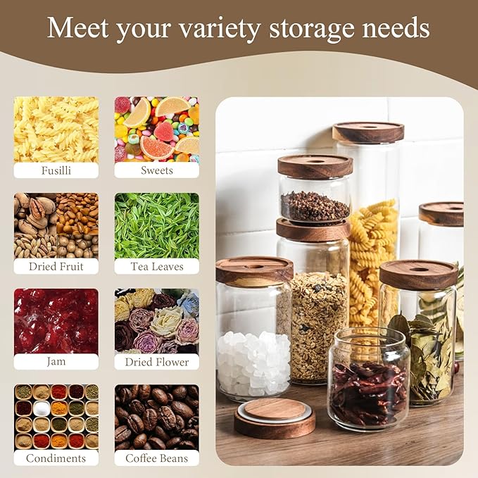 Glass Canisters with Airtight Lids - Glass Storage Jars for Kitchen and Pantry, Coffee Grounds Container for Cereal, Salt, Seed, Spice, Tea, Candle, Mixed Sizes (Set of 5)