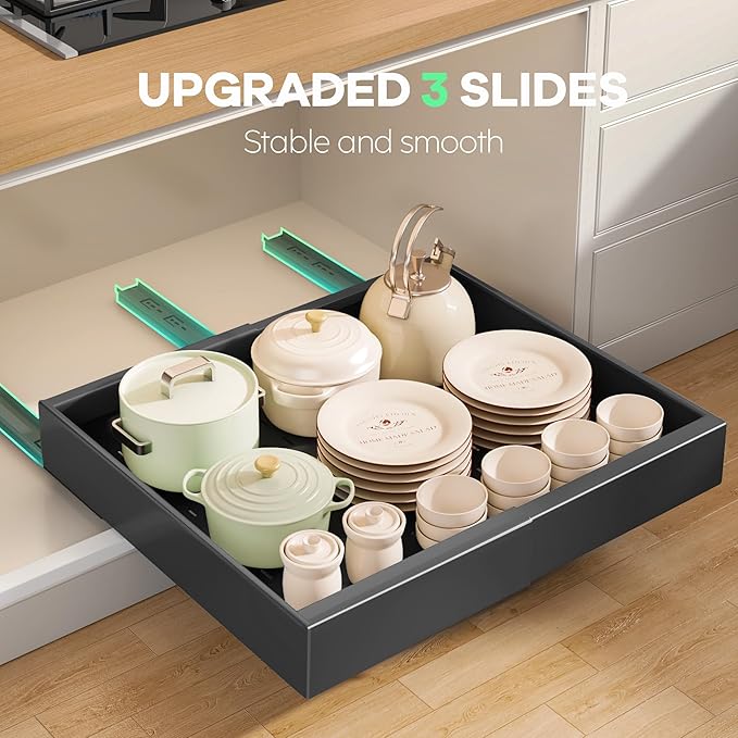 2 Pack Pull out Cabinet Organizer 21"Deep With Raising Pad for Framed Cabinets, Expandable Slide out Drawers for Kitchen Cabinets with 4pcs Divider Racks, Roll out Shelves 12.1"-20.4" W Black