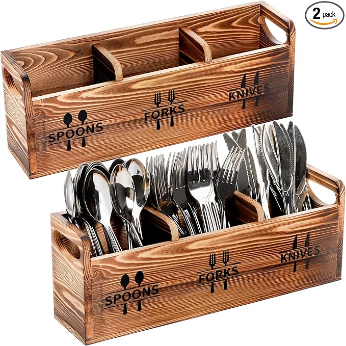 Fasmov 2 Pack Silverware Caddy, Wooden Utensil Caddy Silverware Cutlery Holder with 3 Compartment, Utensil Holder for Spoons, Knives, Forks, Perfect for Kitchen Decor and Countertop