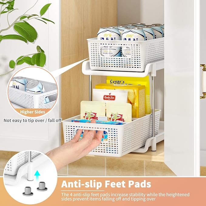 Bathroom Organizer with Dividers, 2Pcs 2 Tier Stackable Under Sink Organizers and Storage Cabinet Organizers for Bathroom Kitchen Pantry Organization and Storage, Medicine Cabinet Organizer