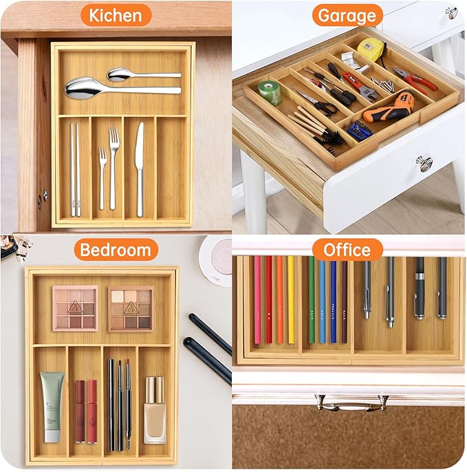 Expandable Bamboo Drawer Organizer for Utensils Holder, Drawer Dividers Organizer for Silverware, Flatware, Knives in Kitchen, Bedroom, Living Room as Housewarmings, Wedding, Bridal Shower Gifts