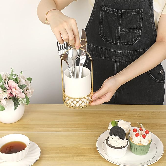 JUXYES Ceramic Silverware Holder For Tabletop, White Cutlery Holder With Golden Metal Bracket, Decorative Flatware Holder Countertop Utensil Holder Organizer for Wedding Kitchen Dining Tables