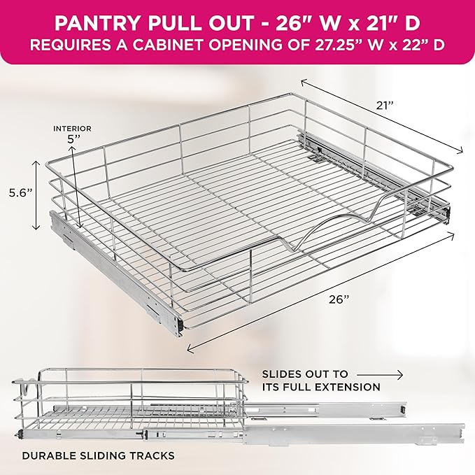 HOLDN’ STORAGE Heavy-Duty Premium Collection Pull Out Cabinet Organizer - Cabinet Drawer Slide Outs Metal Chrome (Chrome, 26 Inch)