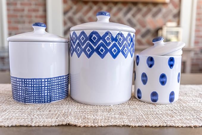 Vietri Viva Santorini Diamond Large Canister Elegant Ceramic Earthenware Kitchen Storage Jar with Lid 7.5 Inch Blue White