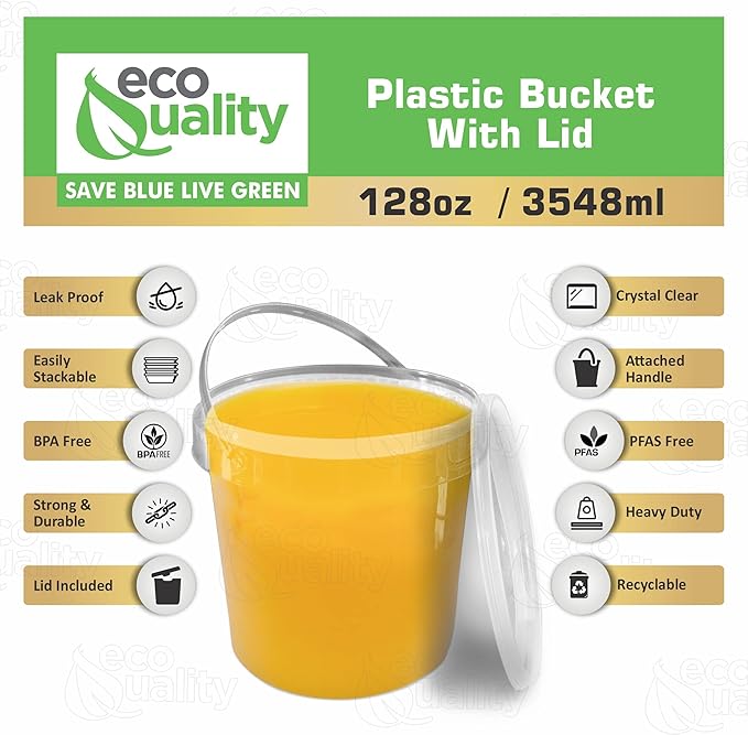 1 Gallon (128 oz) Clear Plastic Bucket with Lid and Handle (1 Pack), Ice Cream Tub with Lids - Food Grade Freezer and Microwave Safe Food Storage Containers, Round Plastic Pail Container, BPA Free