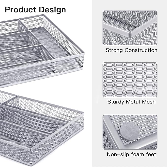 Drawer Organizer Set 5 Pack - 4-Compartment Silverware Organizer Tray + 4 Utensil Trays, Kitchen Drawer Organizer for Flatware, Cutlery, Office Supplies, Silver Mesh, Non-Slip