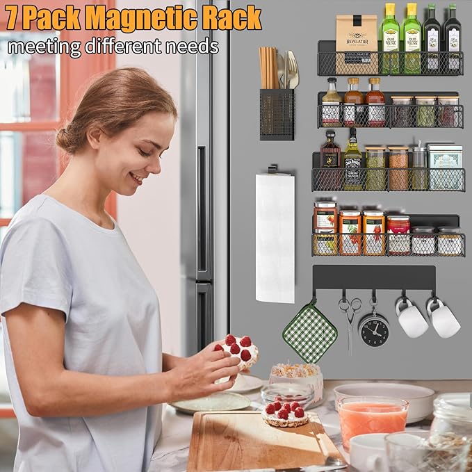 Magnetic Spice Rack for Refrigerator, 7 Pack Metal Shelf Black , Moveable Organizer with Hook Rack, Paper Towel Holder, Kitchenware Strong Storage Fridge