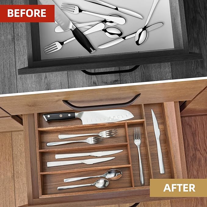 Silverware Organizer Kitchen Drawer Organizer Utensil Organizer Acacia Silverware Holder Cutlery Organizer in Drawer Flatware Organizer Tray(6 slots, Acacia