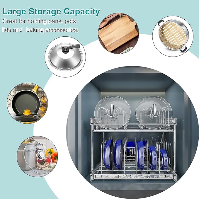 TQVAI Pots and Pans Organizer Expandable Pot Lid Holder Pull Out Kitchen Cabinet Organizer Sliding Pantry Shelves, Cabinet Request at Least 23.5" W x 23.5" D x 23.5" H, Chrome